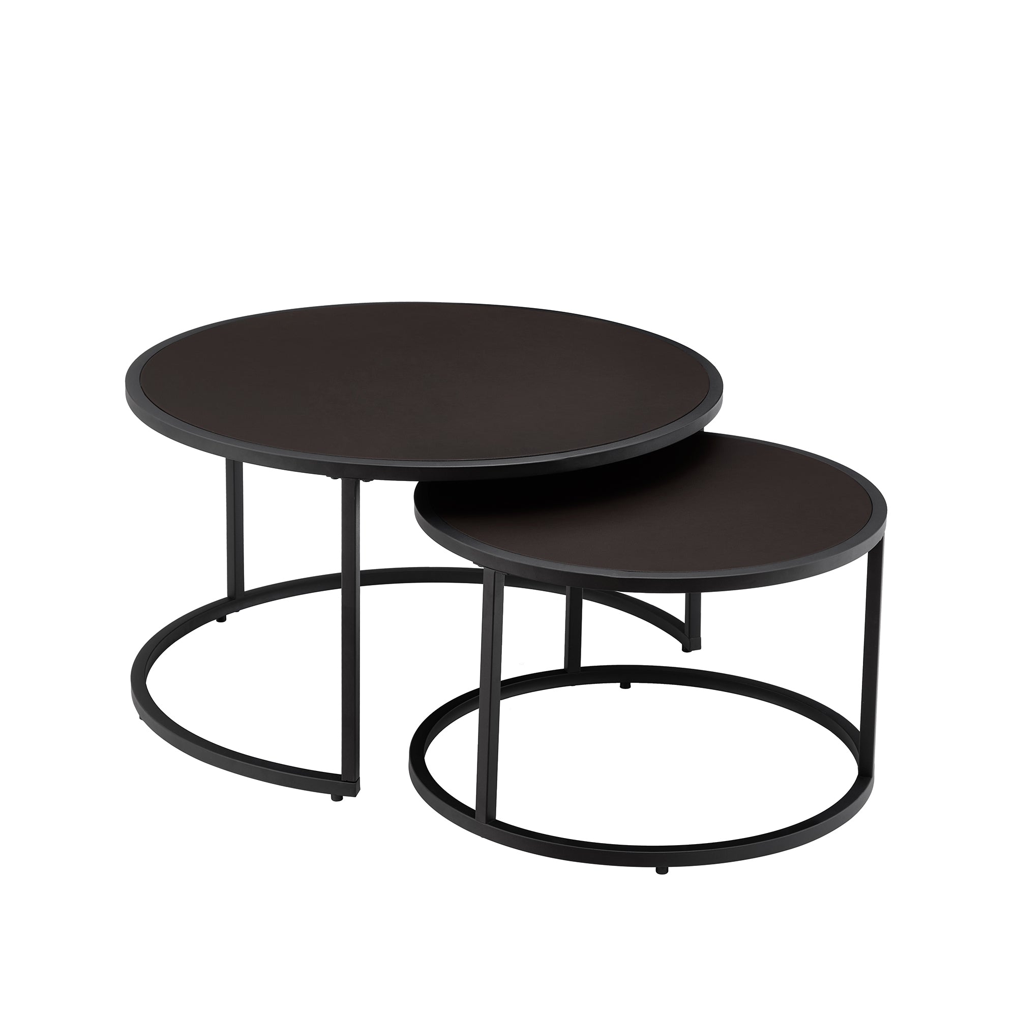 Dark Brown Faux Leather Nesting Round Coffee Table Set, Two Piece