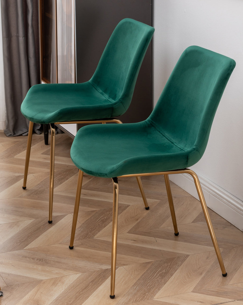 Contemporary White Round Dining Table with Two Gold-Accent Chairs