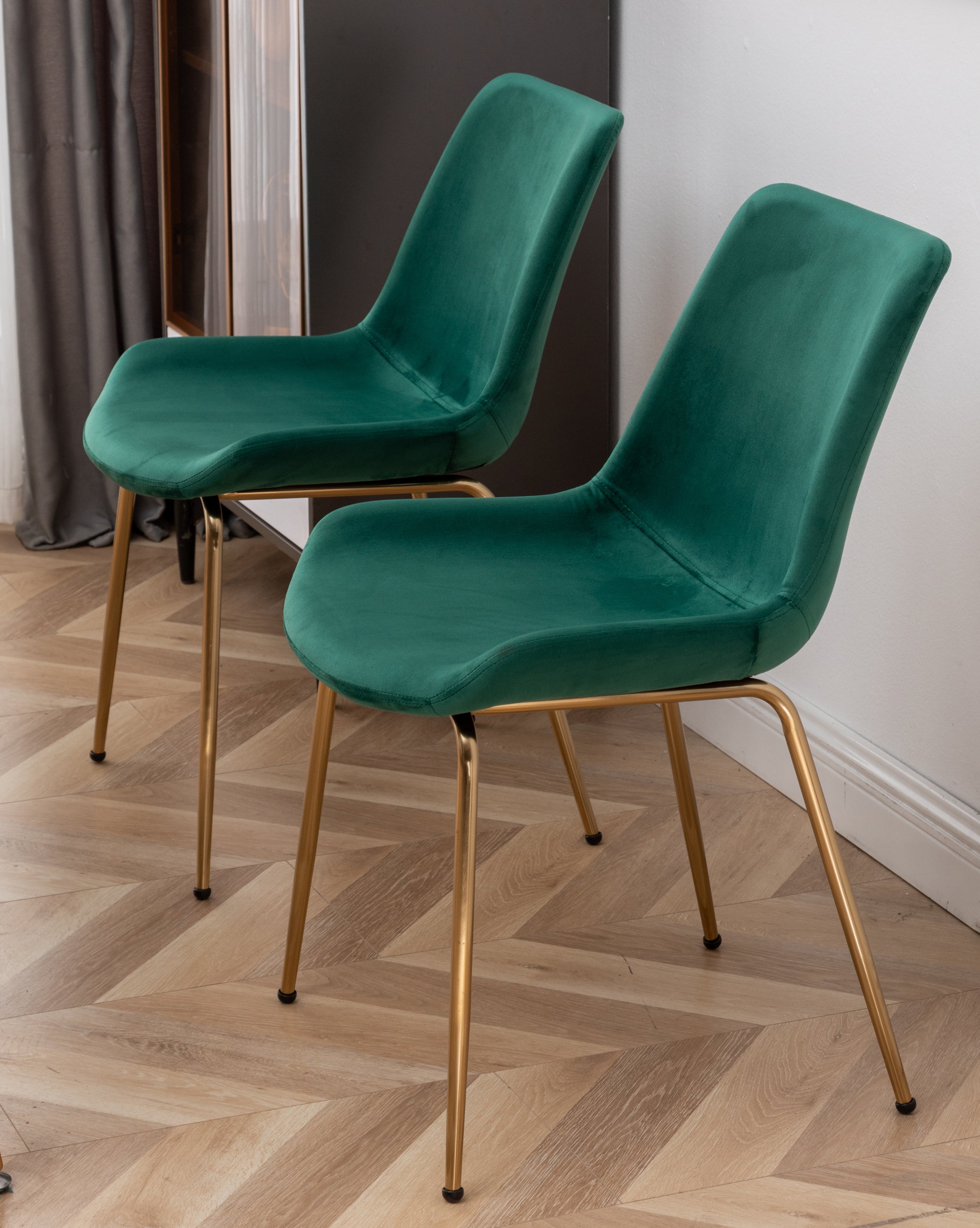 Contemporary White Round Dining Table with Two Gold-Accent Chairs