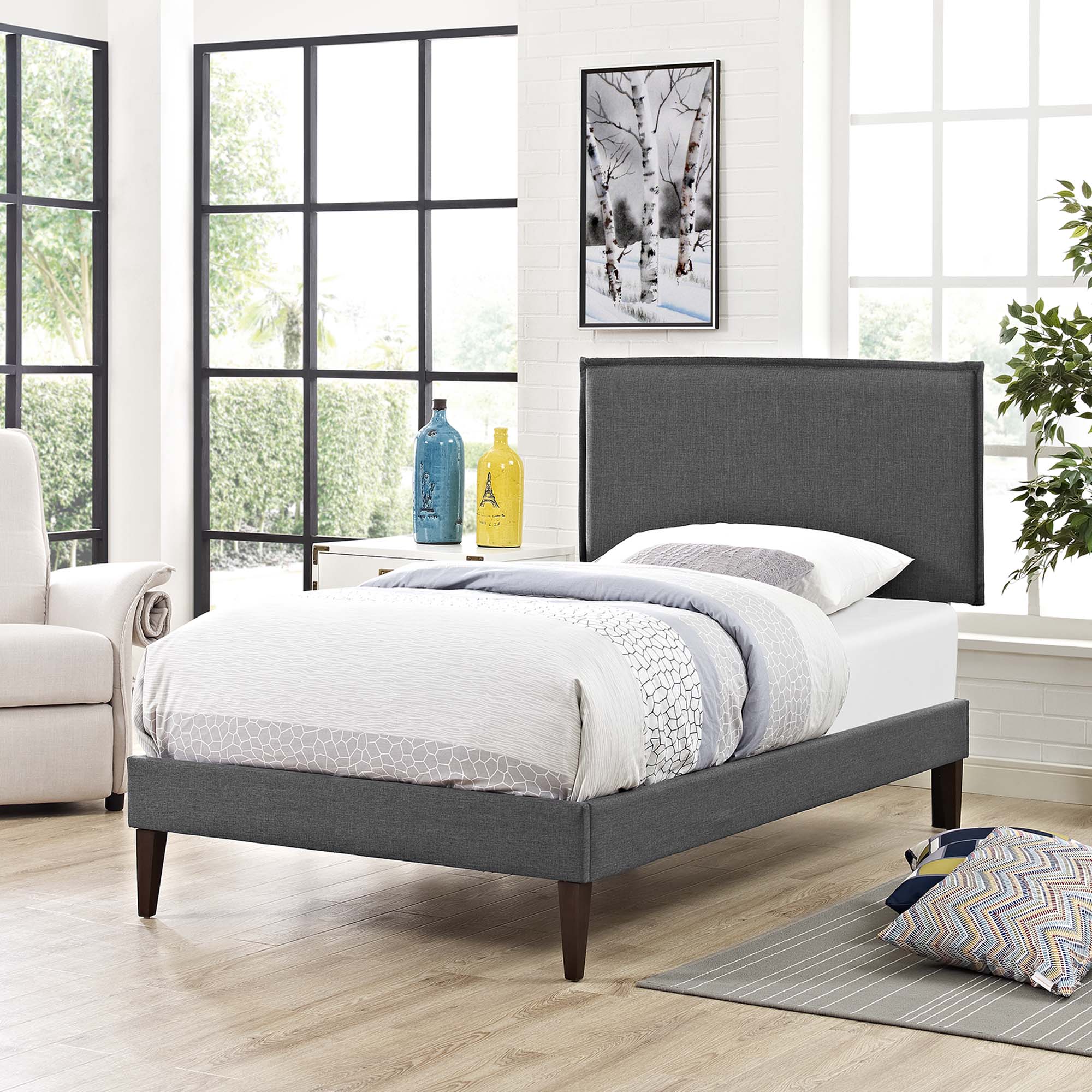 Amaris Upholstered Twin Platform Bed with Tapered Wood Legs