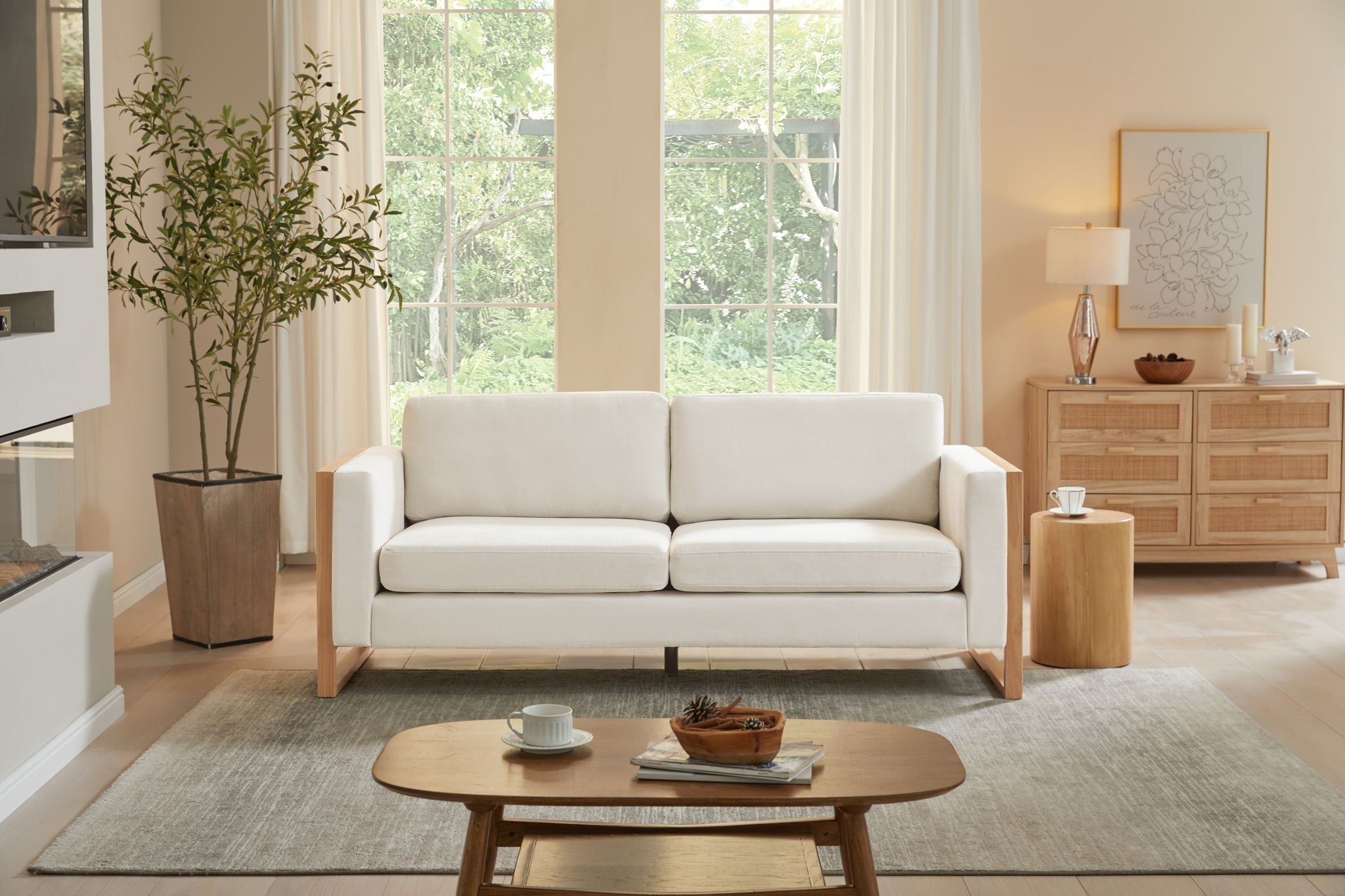 Three-Seater Modern Sofa with Solid Wood Legs and Foam Cushions