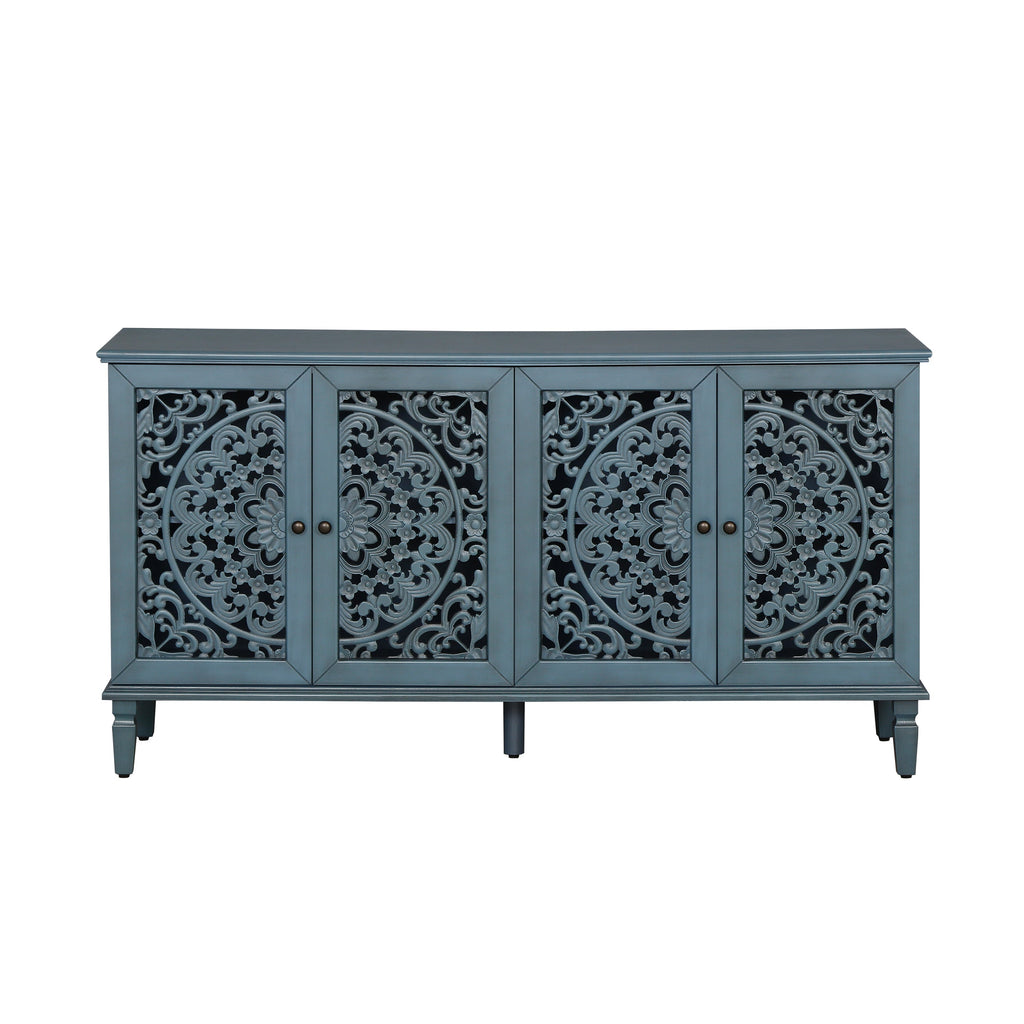 60 Inch Antique Blue Glazed Buffet Cabinet with Floral Openwork