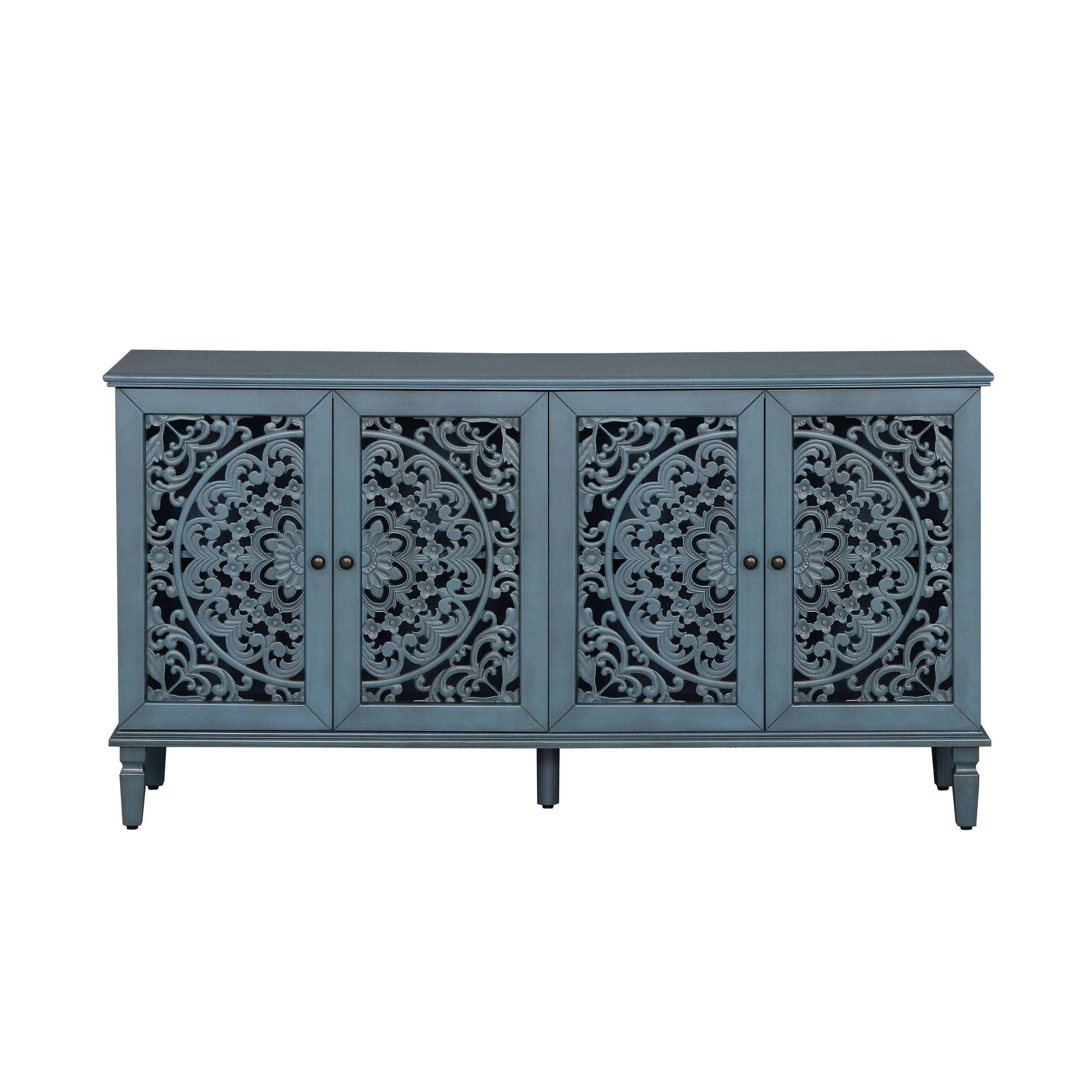 60 Inch Antique Blue Glazed Buffet Cabinet with Floral Openwork