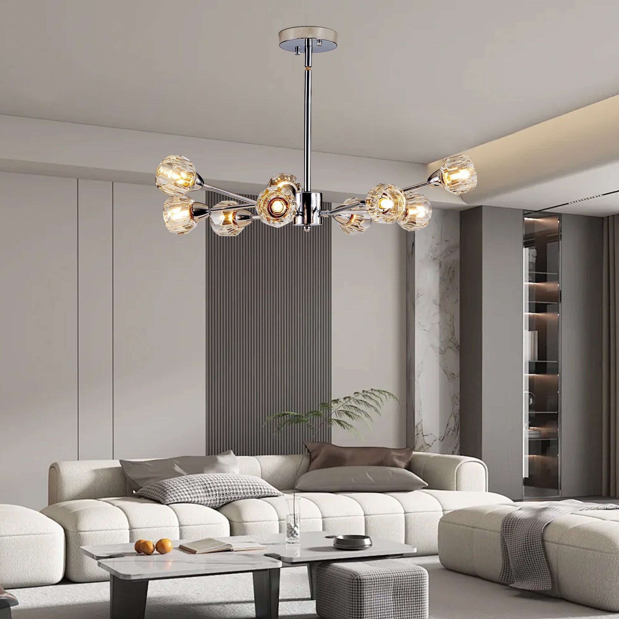 Nine-Light Globe Diamond Crystal Chandelier with Chrome Finish