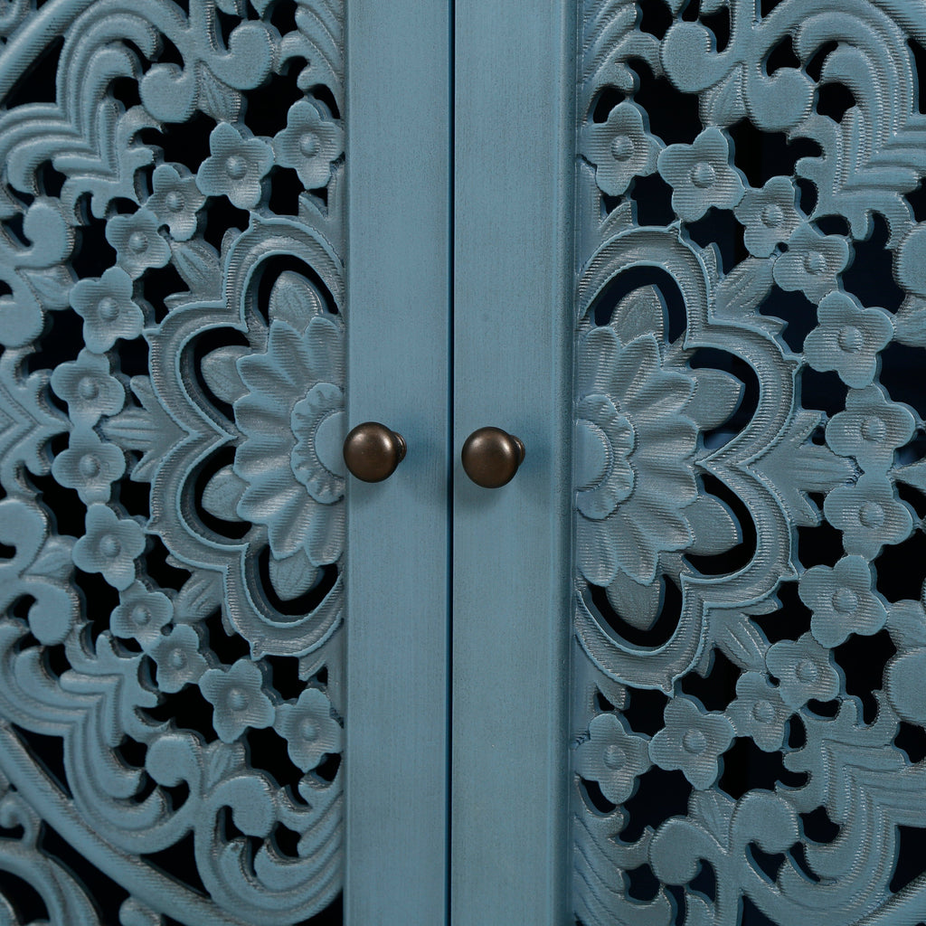 60 Inch Antique Blue Glazed Buffet Cabinet with Floral Openwork