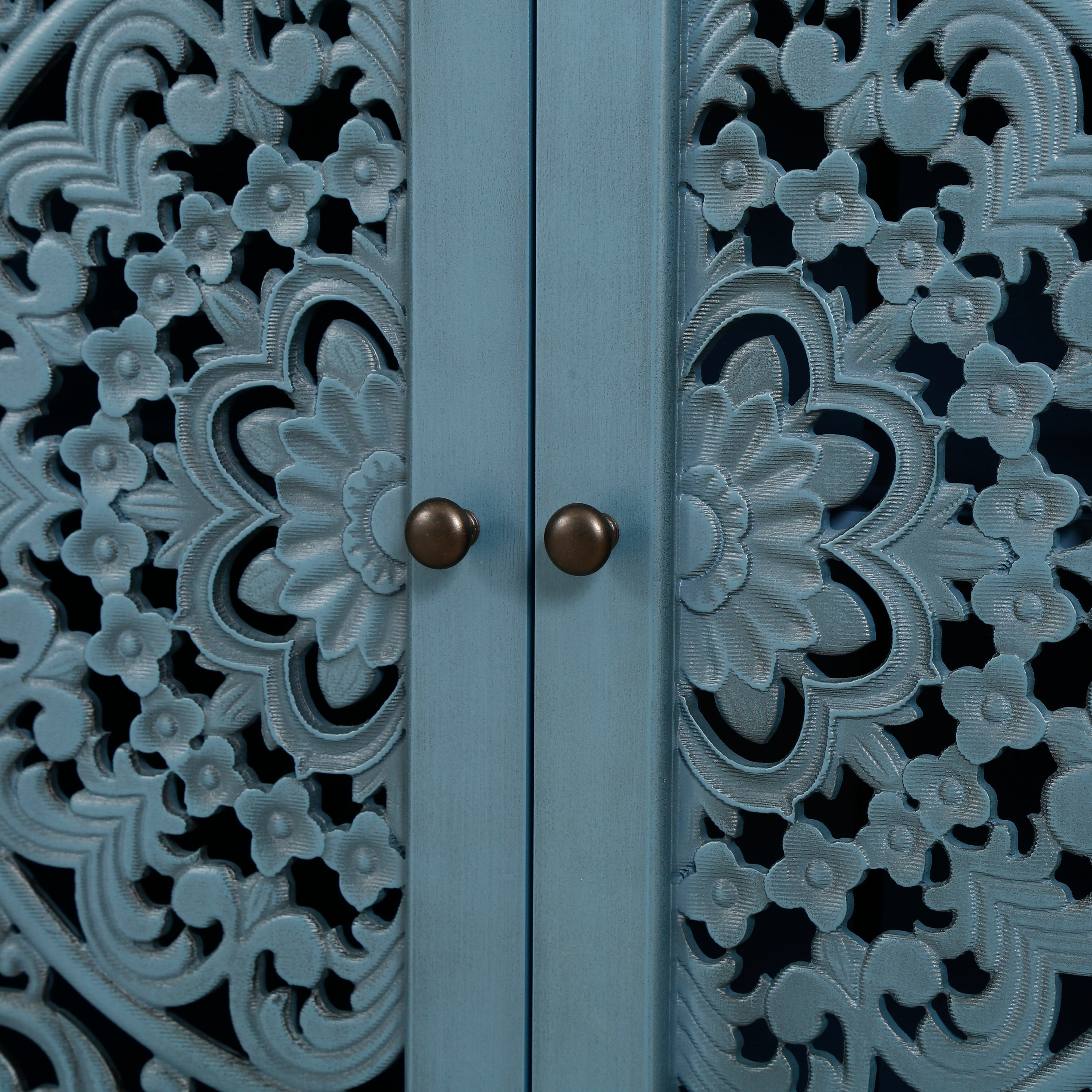 60 Inch Antique Blue Glazed Buffet Cabinet with Floral Openwork