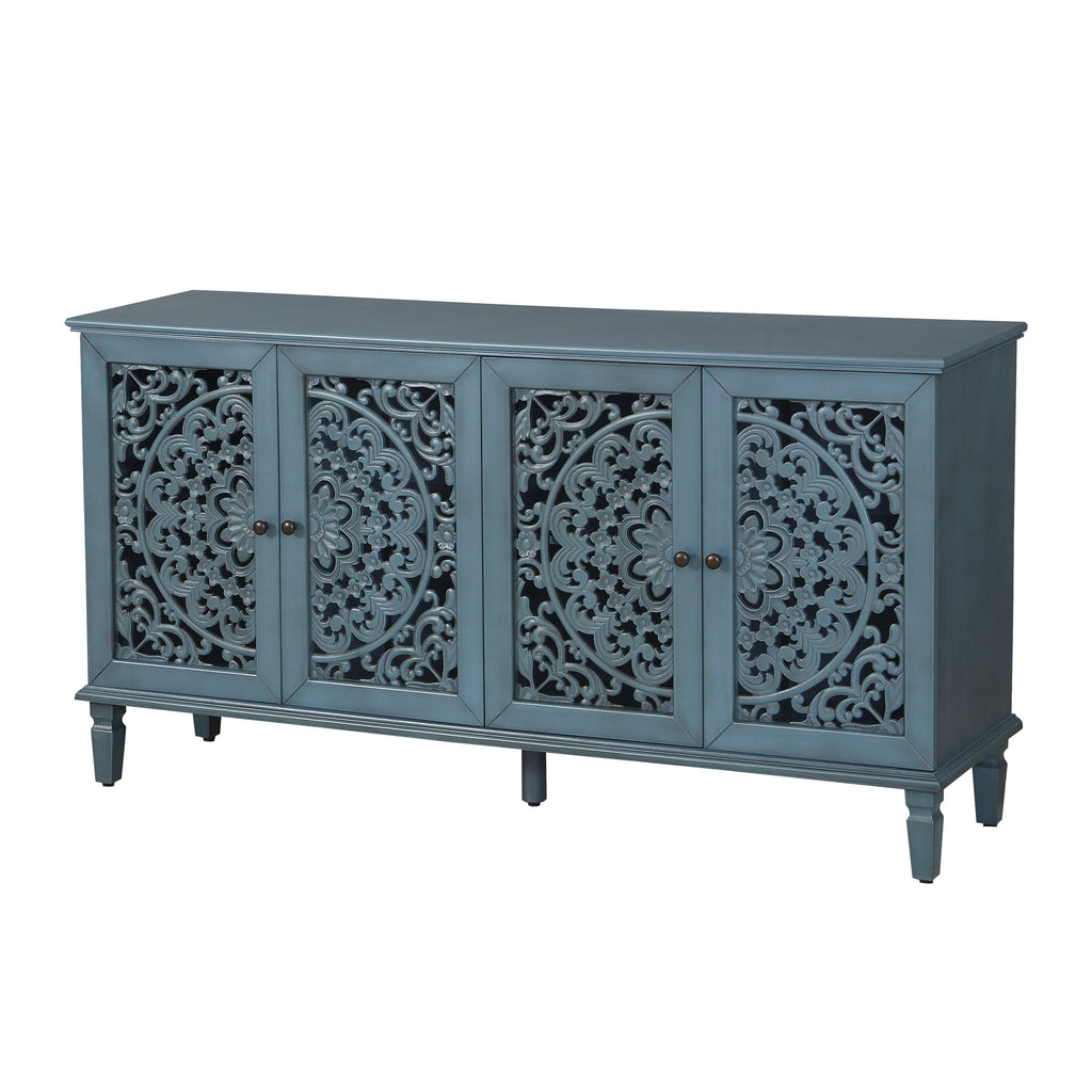 60 Inch Antique Blue Glazed Buffet Cabinet with Floral Openwork
