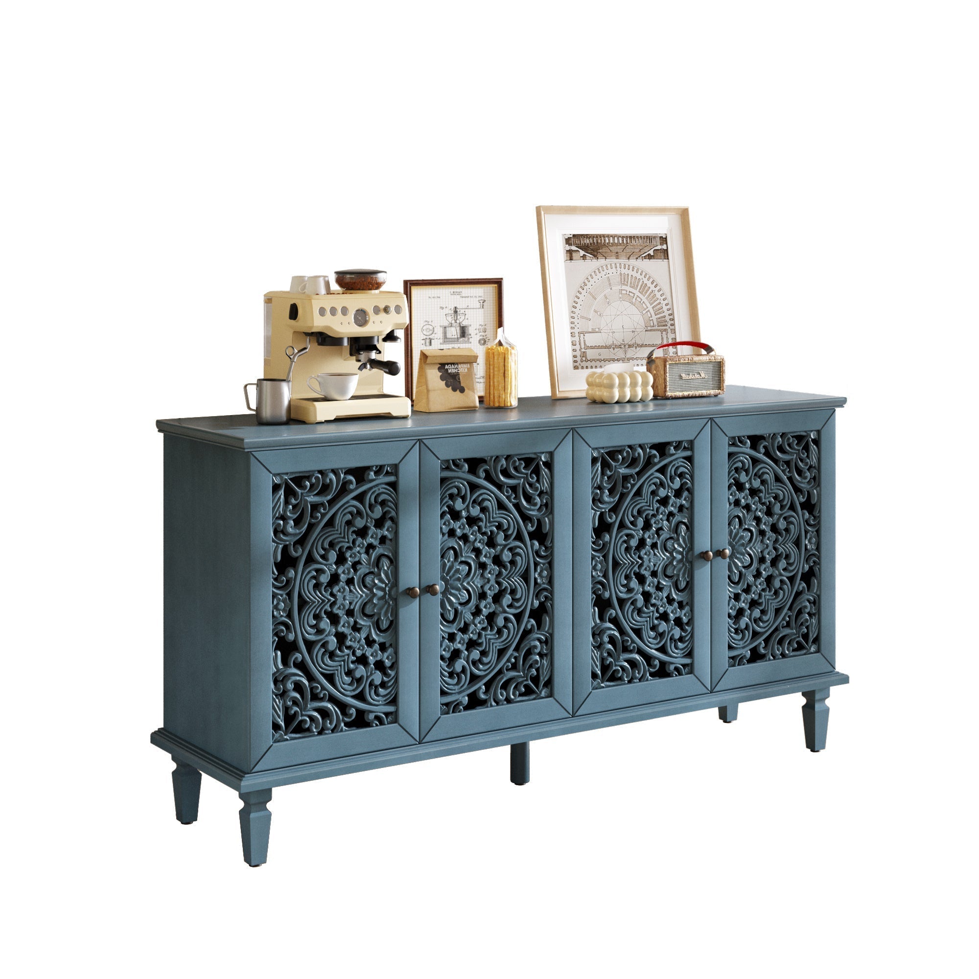 60 Inch Antique Blue Glazed Buffet Cabinet with Floral Openwork