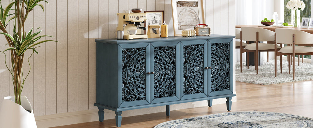 60 Inch Antique Blue Glazed Buffet Cabinet with Floral Openwork