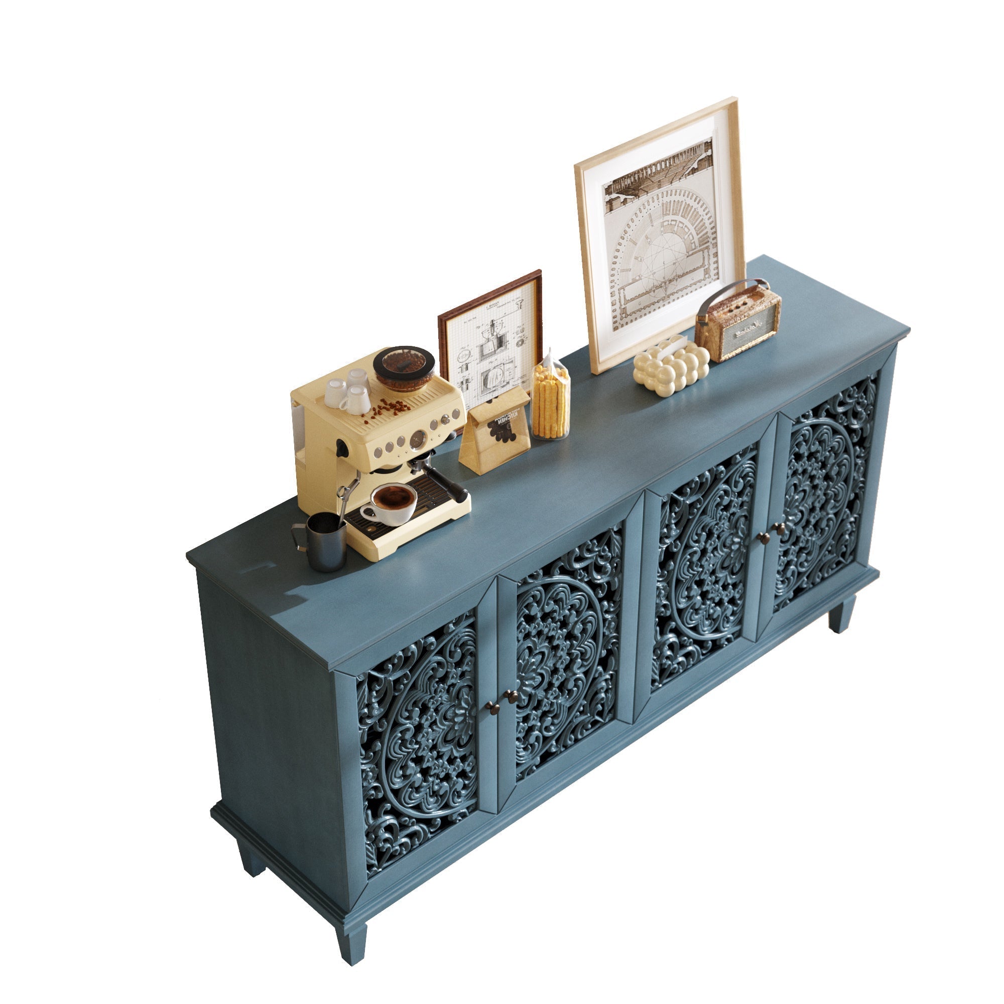 60 Inch Antique Blue Glazed Buffet Cabinet with Floral Openwork