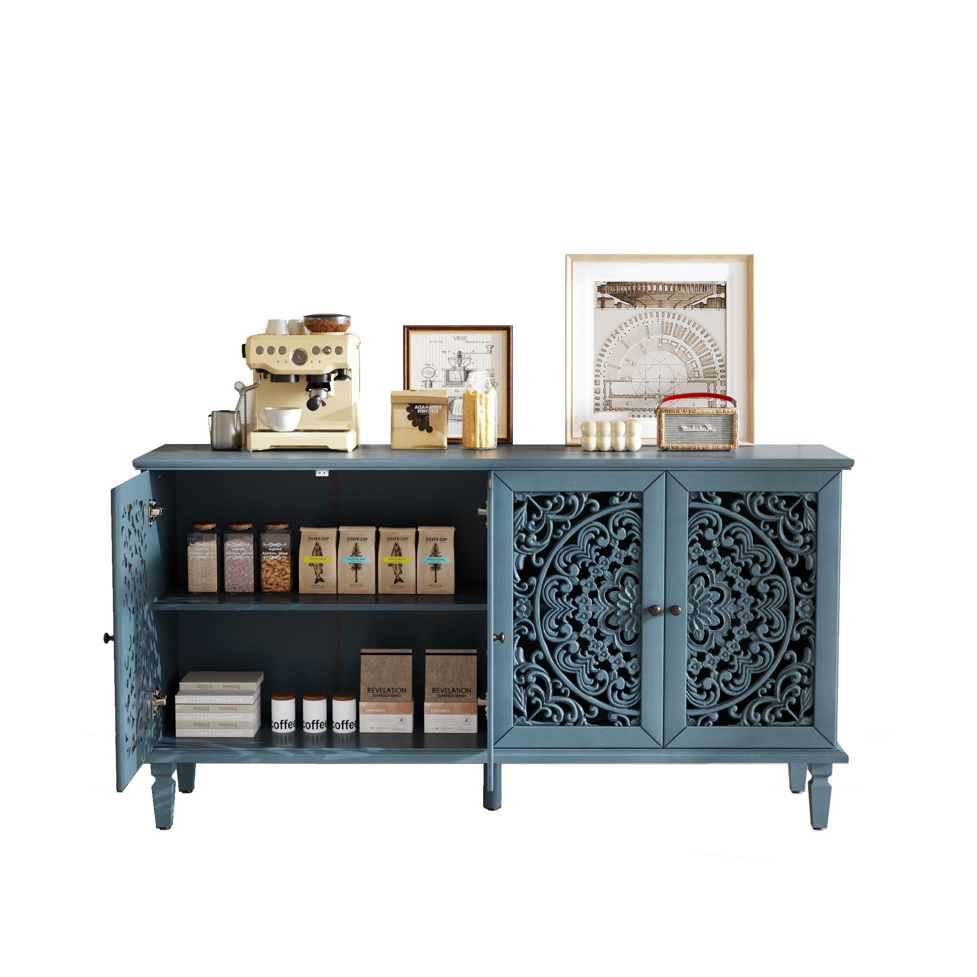 60 Inch Antique Blue Glazed Buffet Cabinet with Floral Openwork